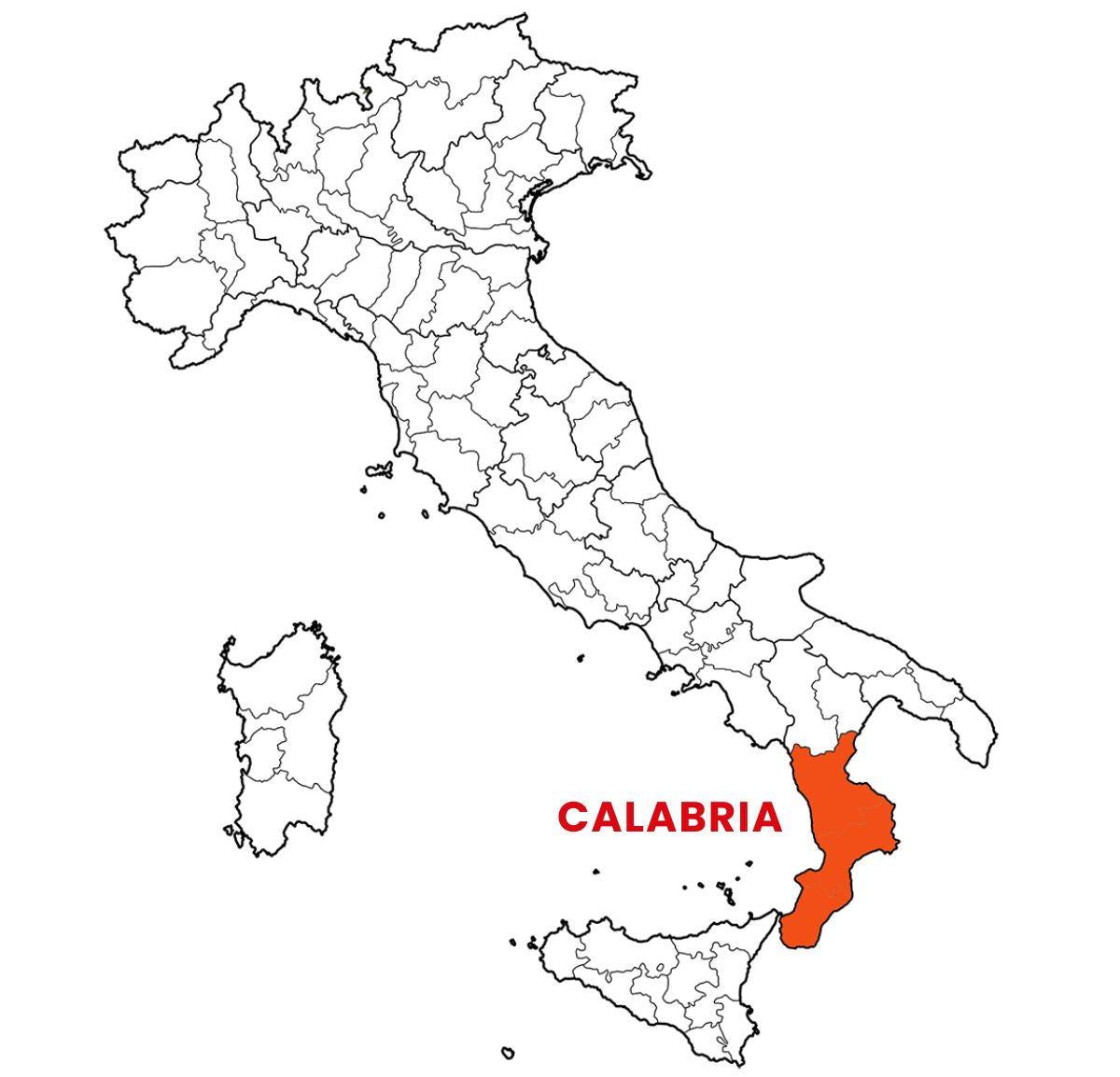 Map of Italy highlighting the region of Calabria in orange.