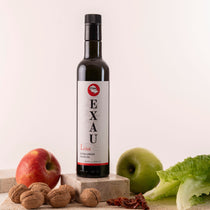 One bottle of EXAU extra virgin olive oil. Label with red text: Lina
